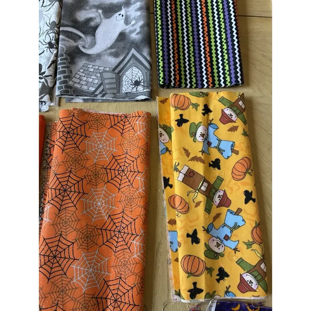 Lot 12 Halloween Cotton Fabric Destash Prints Cats Bats Ghosts Snoopy 42”x10”